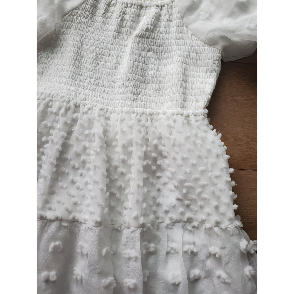 Polagram White Dot Smocked w/ Puff Sleeve Midi Dress Womens Medium NWT - Picture 15 of 16